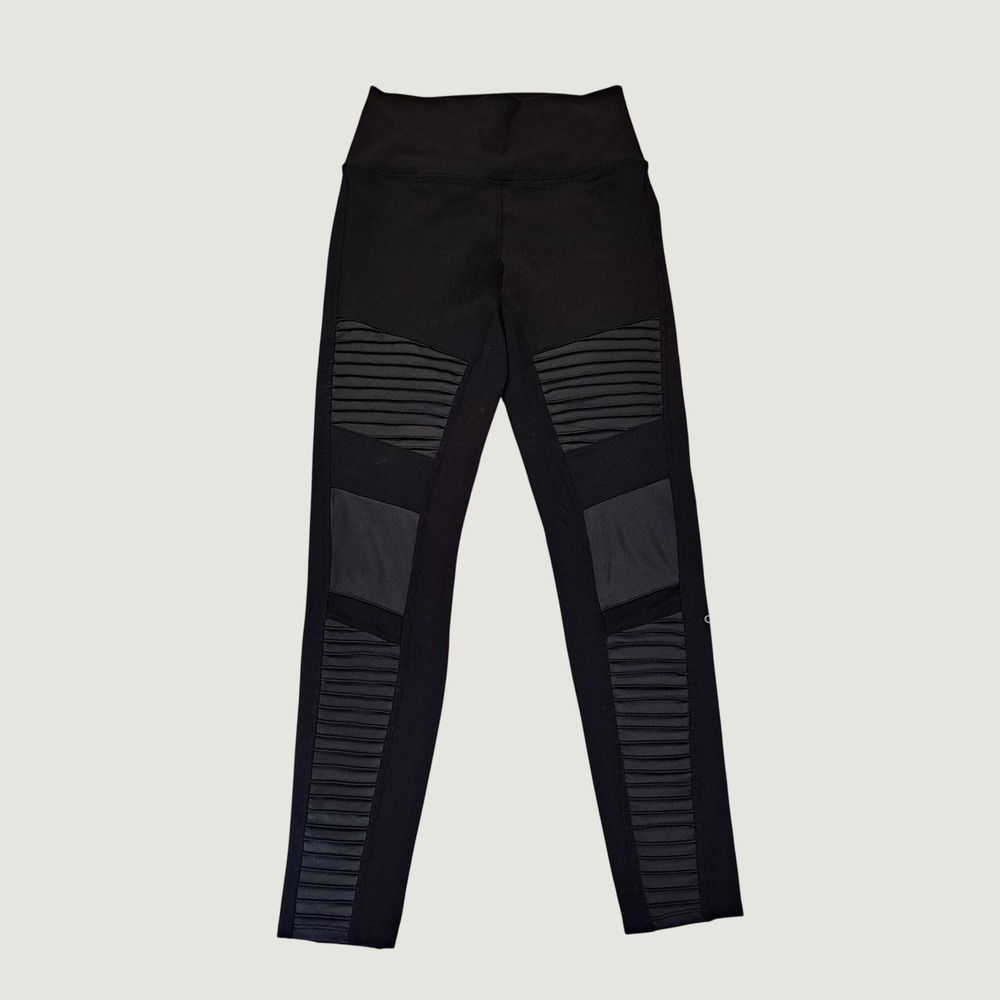 Alo Yoga Moto Leggings Women Size L Black Excellent High Rise Pintuck Activewear